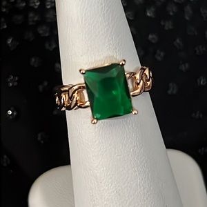 Gold Plated Lab Emerald open band Ring size 7 adjustable
